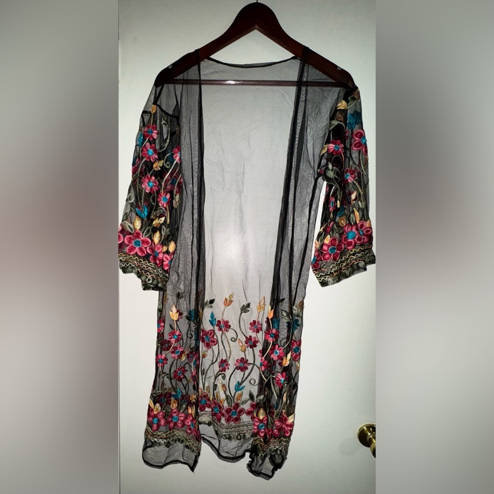 Mesh Lace Open Front Kimono